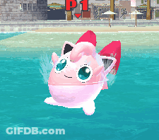 A Pink And White Cartoon Character Is Swimming In The Water With A Red P1 Sign Behind It GIF