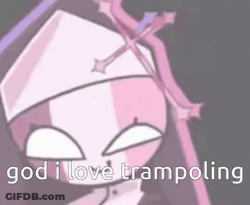 A Pink And White Cartoon Character With A Cross On Her Head And The Words `` God I Love Trampoling '' . GIF