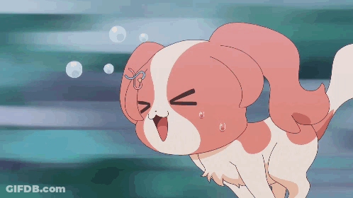 A Pink And White Cartoon Dog With Bubbles Around It GIF