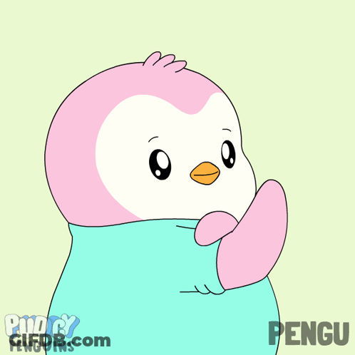 A Pink And White Penguin Is Wrapped In A Blue Blanket And Has The Word Pengu On The Bottom GIF