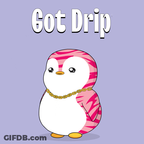 A Pink And White Penguin With A Gold Chain Around Its Neck And The Words Got Drip Above It GIF