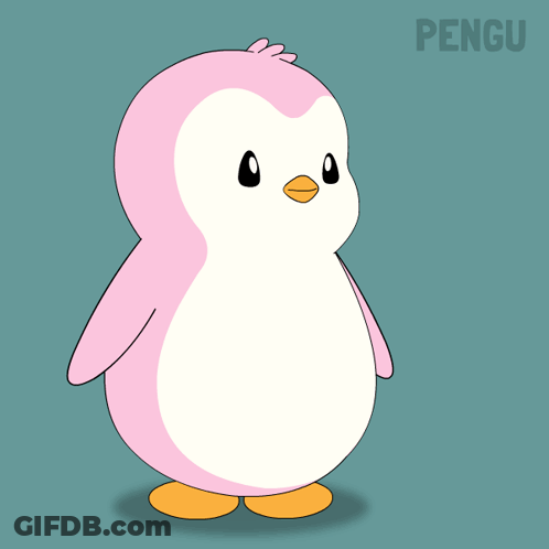 A Pink And White Penguin With The Word Pengu Written On The Bottom GIF