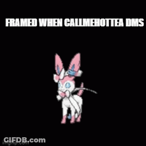A Pink And White Pokemon Is Standing On A Black Background With The Words `` Framed When Callmehottea Dms '' GIF