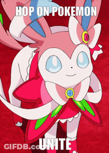 A Pink And White Pokemon With The Words Hop On Pokemon Unite GIF