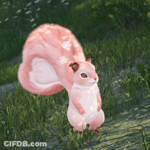 A Pink And White Squirrel With Flowers On Its Tail Is Standing In The Grass GIF