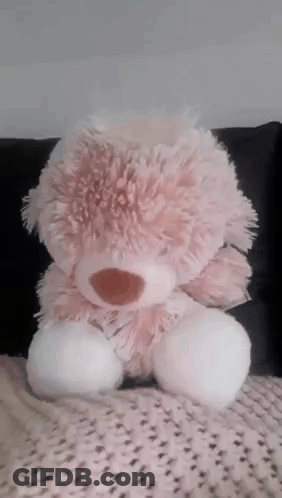 A Pink And White Teddy Bear Is Sitting On A Blanket On A Couch . GIF