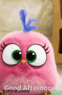 A Pink Angry Bird With A Blue Feather On Its Head Says Good Afternoon . GIF