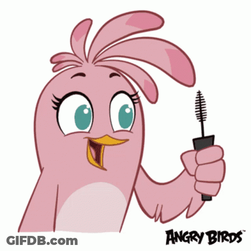 A Pink Angry Birds Character Holding A Mascara Brush GIF