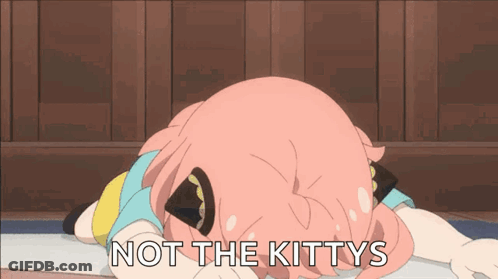 A Pink Anime Girl Is Laying On The Floor With The Words Not The Kittys Written On The Bottom GIF