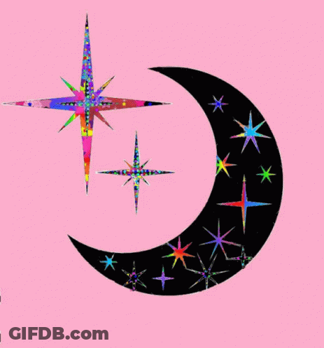 A Pink Background With A Black Crescent Moon And Colorful Stars GIF