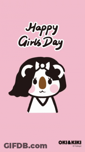 A Pink Background With A Cartoon Character And The Words Happy Girls Day GIF