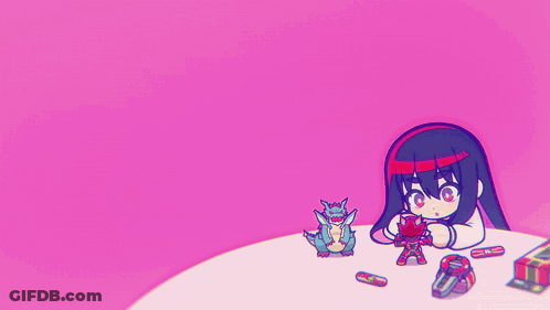 A Pink Background With A Cartoon Girl Holding A Toy And The Letters I And ? GIF