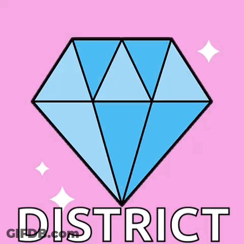 A Pink Background With A Diamond And The Word District Below It GIF