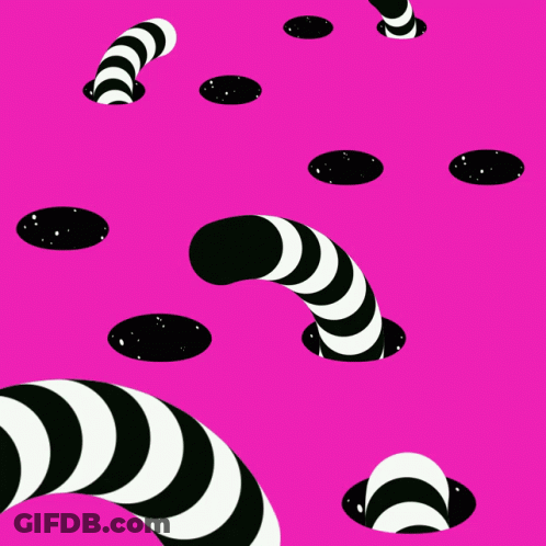 A Pink Background With Black And White Stripes And Holes In It GIF