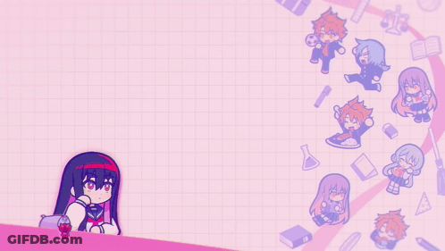 A Pink Background With Cartoon Characters And A Coca Cola Bottle GIF