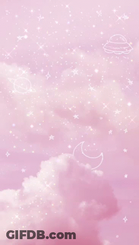 A Pink Background With Clouds , Stars And Planets On It GIF