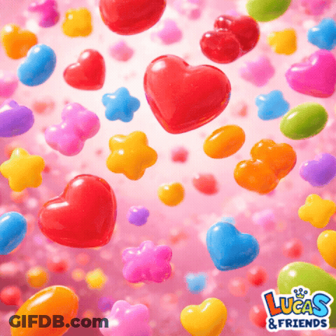 A Pink Background With Colorful Hearts And The Words Lucas & Friends On The Bottom GIF