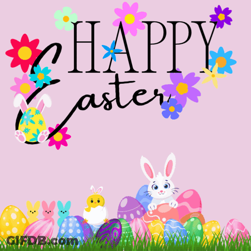 A Pink Background With Easter Eggs And Flowers With The Words Happy Easter GIF