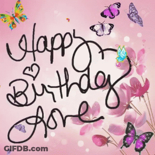 A Pink Background With Flowers And Butterflies And The Word Happy On It GIF