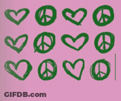 A Pink Background With Green Hearts And Peace Symbols GIF