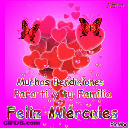 A Pink Background With Hearts And Butterflies And The Words Muchas Bendiciones Para Ti Y Tu Familia GIF