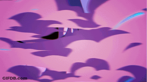 A Pink Background With Purple Clouds And A Rainbow In The Background GIF