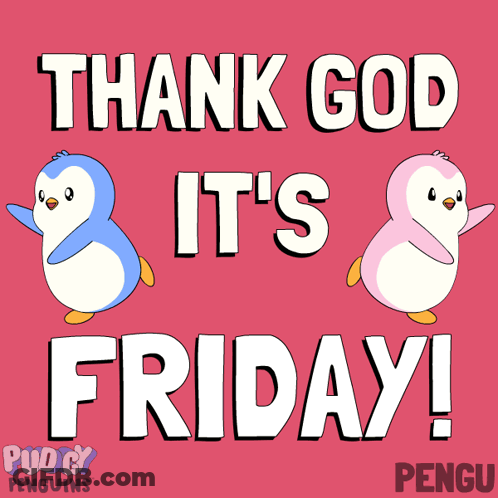 A Pink Background With Two Penguins That Say Thank God It 'S Friday GIF