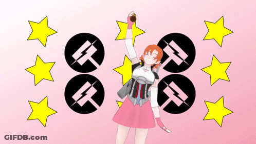 A Pink Background With Yellow Stars And A Black Circle With A Lightning Bolt In It GIF