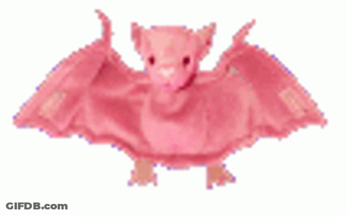 A Pink Bat With Its Wings Spread Is Sitting On A White Background . GIF