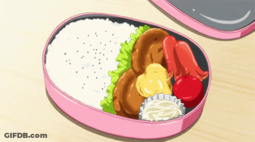 A Pink Bento Box With Rice Meat And Vegetables In It GIF