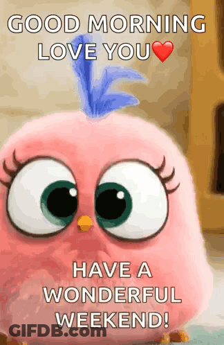 A Pink Bird With A Blue Feather On Its Head Is Saying Good Morning Love You And Have A Wonderful Weekend . GIF