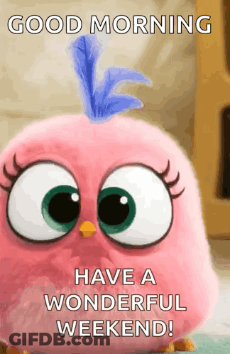 A Pink Bird With A Blue Feather On Its Head Says Good Morning Have A Wonderful Weekend ! GIF