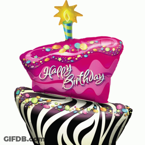A Pink Birthday Cake Shaped Balloon With A Candle On Top GIF