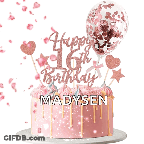 A Pink Birthday Cake With A Happy 16Th Birthday Topper GIF