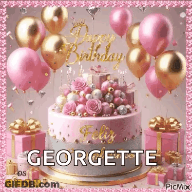 A Pink Birthday Cake With Balloons And Gifts On A Pink Background . GIF