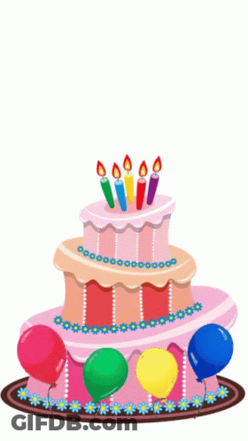 A Pink Birthday Cake With Candles And A Blue Balloon GIF