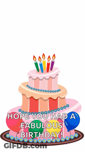 A Pink Birthday Cake With Candles And Balloons And The Words Hope You Had A Fabulous Birthday GIF