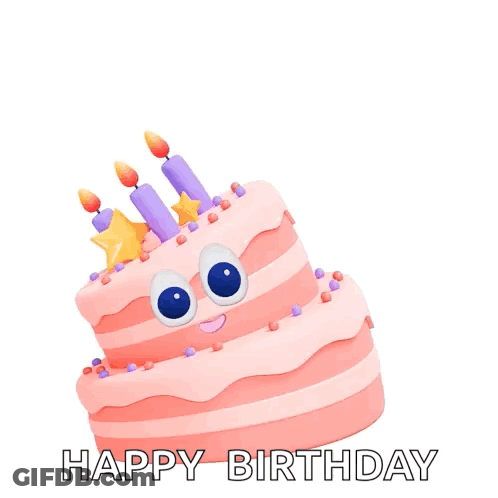 A Pink Birthday Cake With Candles And Confetti And The Words Happy Birthday Below It GIF