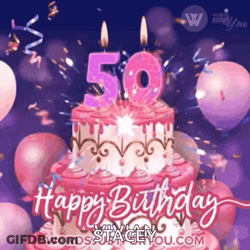 A Pink Birthday Cake With Candles In The Shape Of The Number 50 On It . GIF