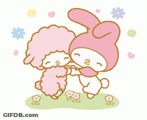 A Pink Bunny And A Pink Sheep Holding Hands GIF