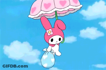 A Pink Bunny Is Holding An Umbrella And A Bag Of Water . GIF