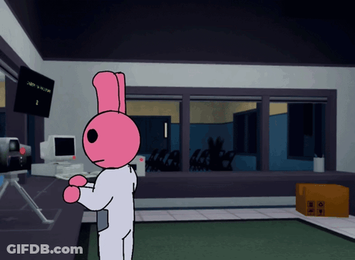 A Pink Bunny Is Standing In Front Of A Computer Screen That Says Check In Progress GIF