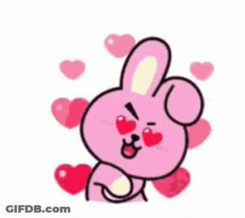 A Pink Bunny Rabbit With Hearts In Its Eyes Is Surrounded By Hearts . GIF