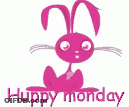 A Pink Bunny Says Happy Monday With A Surprised Look On Its Face GIF
