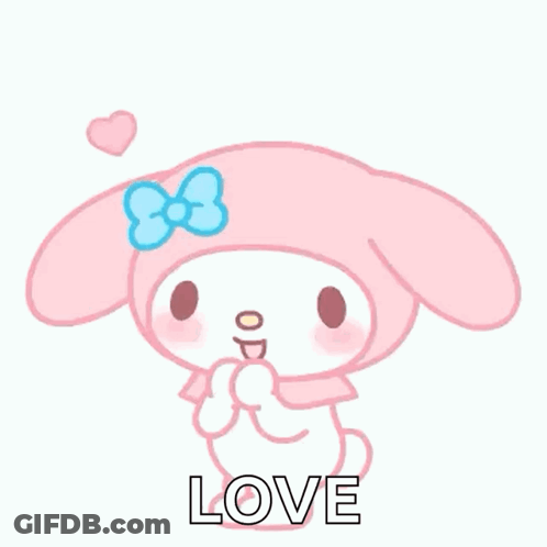 A Pink Bunny With A Blue Bow Is Surrounded By Pink Hearts And Says Love . GIF