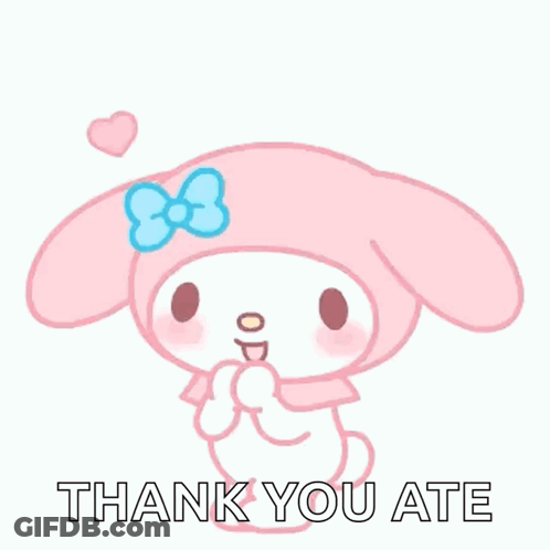 A Pink Bunny With A Blue Bow On Its Head Is Surrounded By Pink Hearts And Says `` Thank You Ate '' . GIF