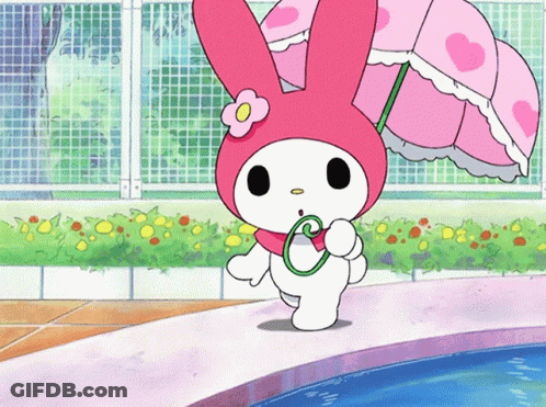 A Pink Bunny With A Flower On Her Head Is Holding An Umbrella Over A Pool GIF