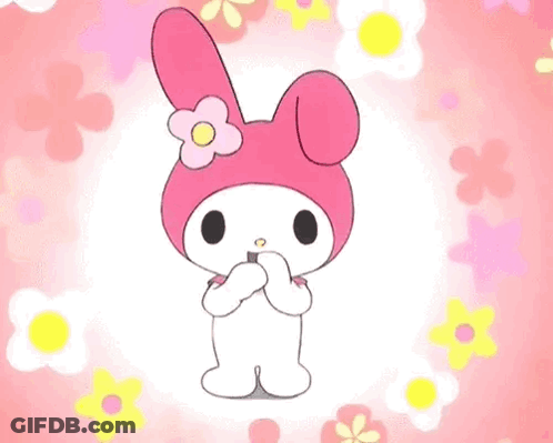 A Pink Bunny With A Flower On Its Head Is Standing On A Pink Background With Flowers . GIF