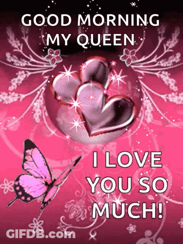 A Pink Butterfly Is On A Pink Background With The Words " Good Morning My Queen " GIF