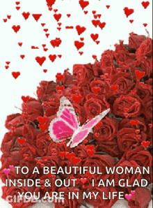 A Pink Butterfly Is Sitting On Top Of A Pile Of Red Roses GIF
